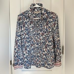 Loft Small Petite Floral Blue and White Button Down Blouse